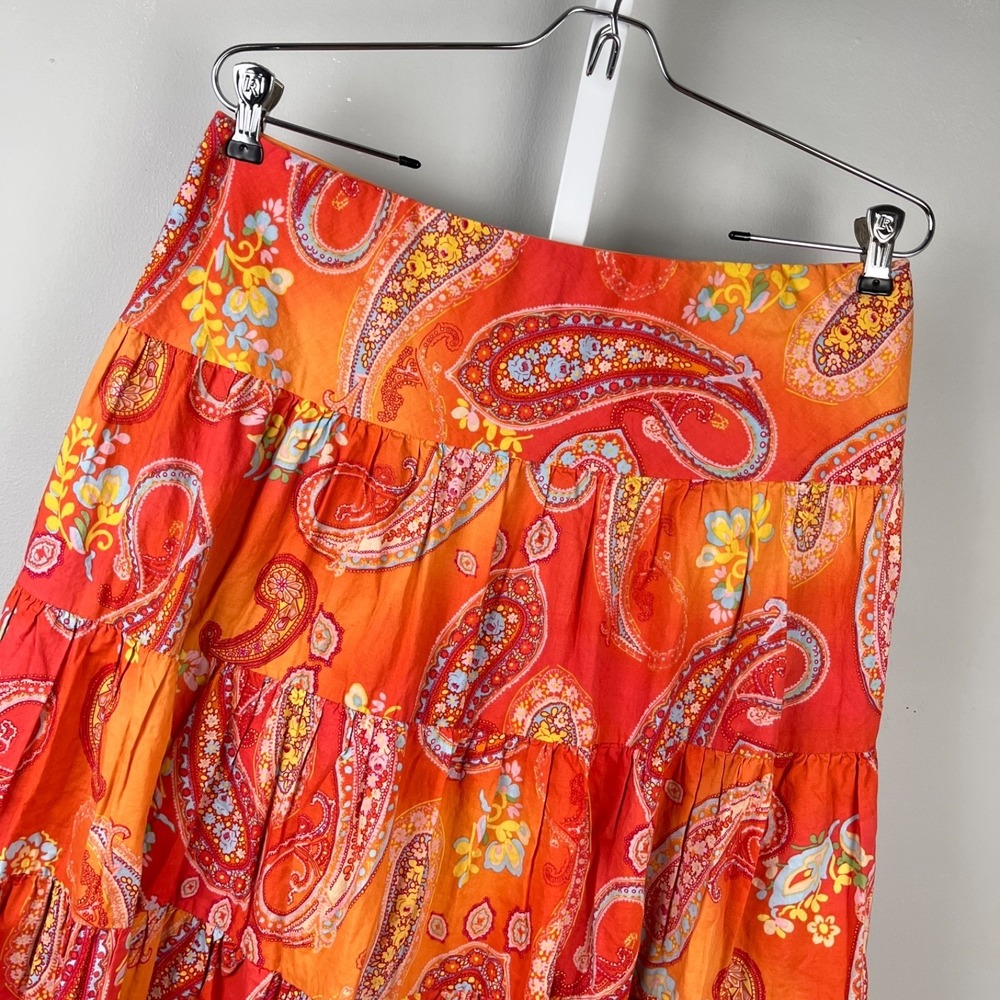 Chaps Tiered Midi Skirt Womens M Orange Paisley Floral Gypsy Peasant Pull On